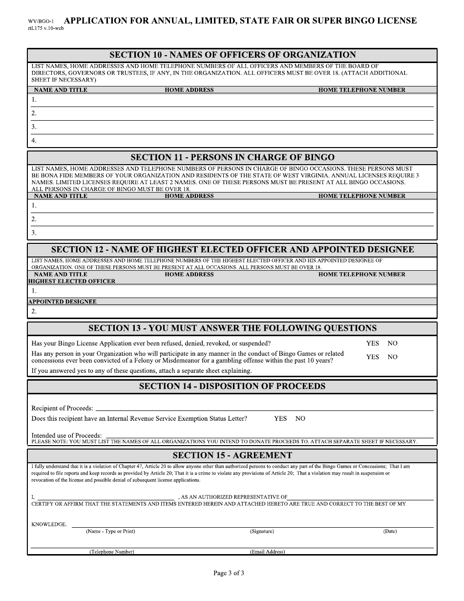 Form WV / BGO-1 Application for Annual, Limited, State Fair or Super Bingo License - West Virginia, Page 3