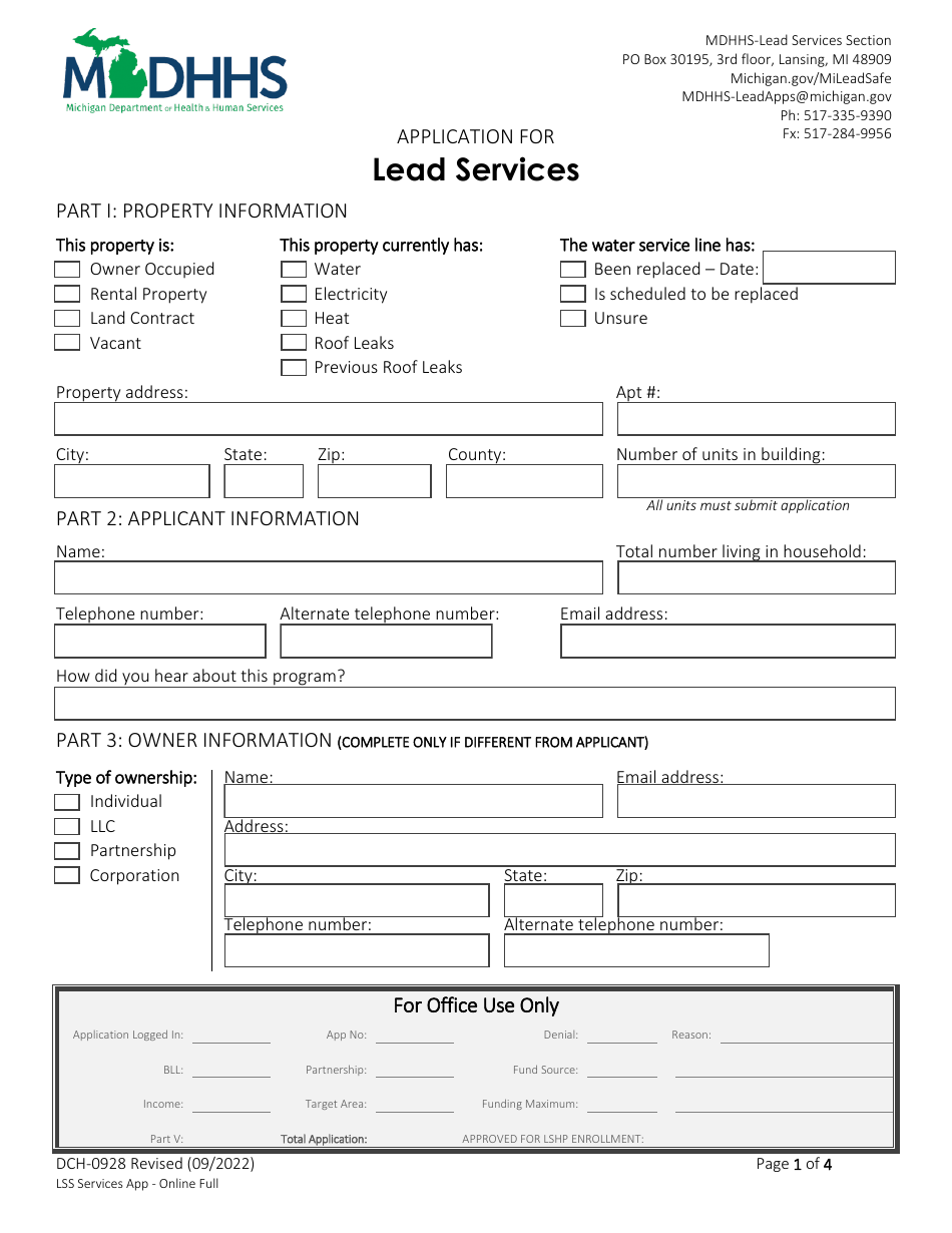 Form DCH-0928 Application for Lead Services - Michigan, Page 1