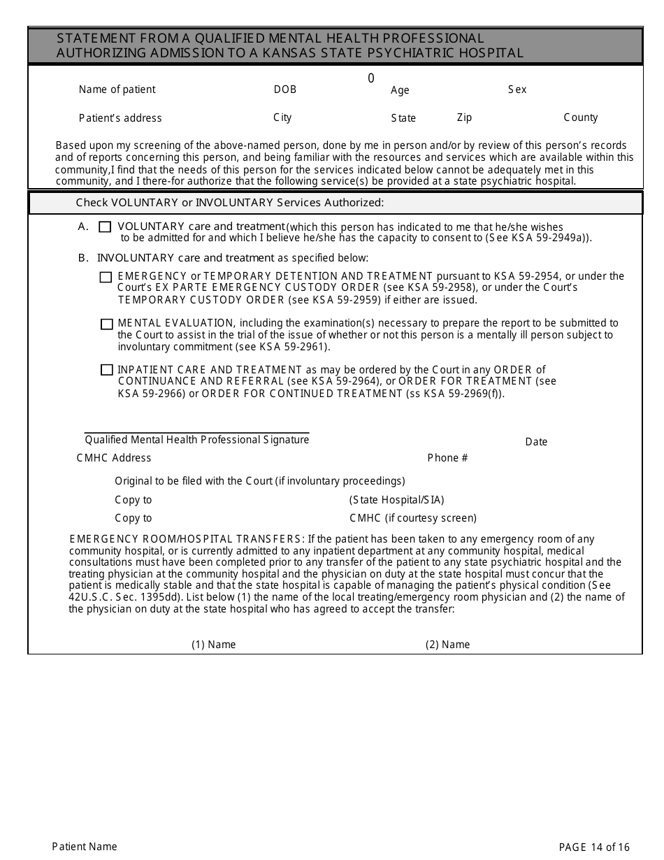 Adult Community Mental Health Center Screening Form - Kansas, Page 14