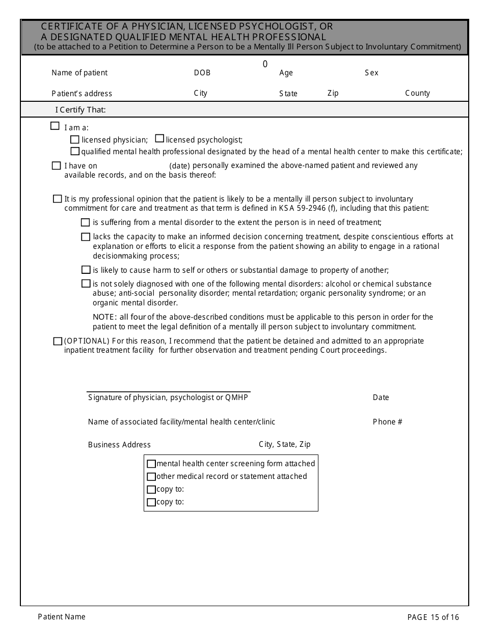 Adult Community Mental Health Center Screening Form - Kansas, Page 15