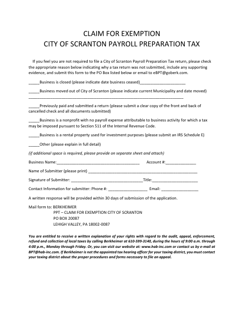 Claim for Exemption - City of Scranton Payroll Preparation Tax - Pennsylvania Download Pdf