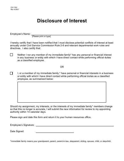 Form CS-1783 Disclosure of Interest - Michigan