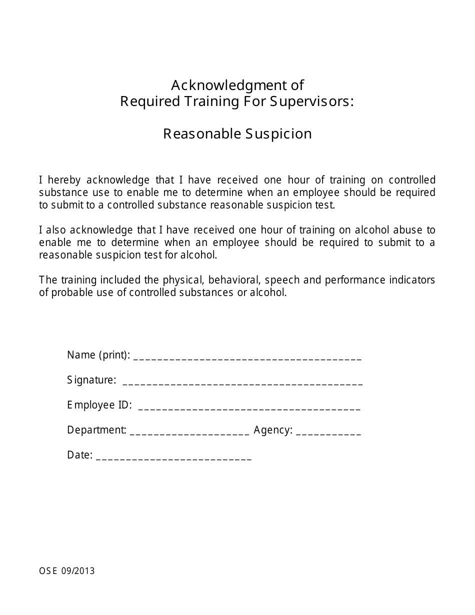 Acknowledgment of Required Training for Supervisors: Reasonable Suspicion - Michigan, Page 1