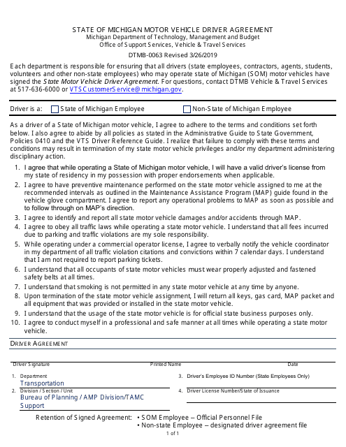 Form DTMB-0063 Motor Vehicle Driver Agreement - Michigan