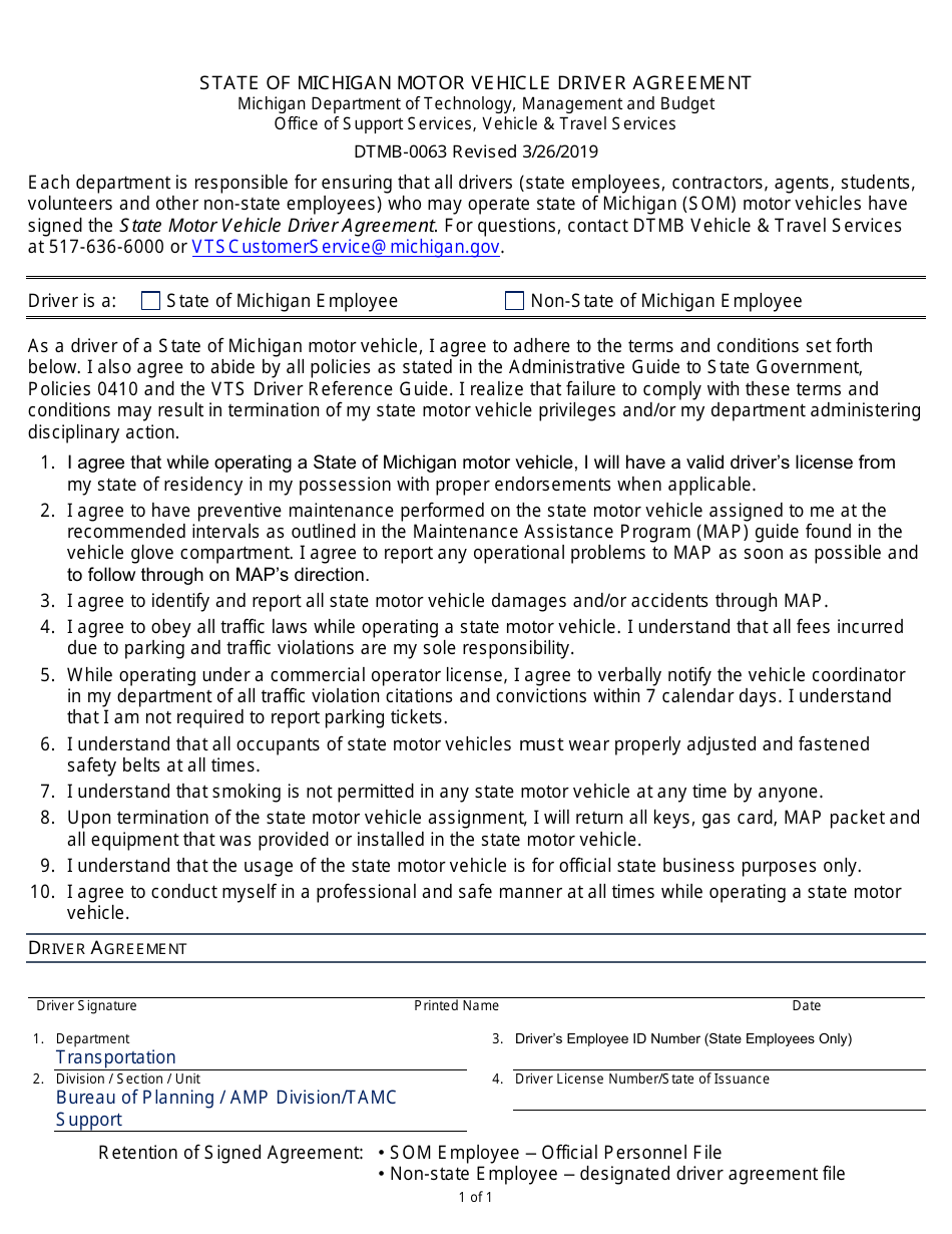 Form DTMB-0063 Motor Vehicle Driver Agreement - Michigan, Page 1