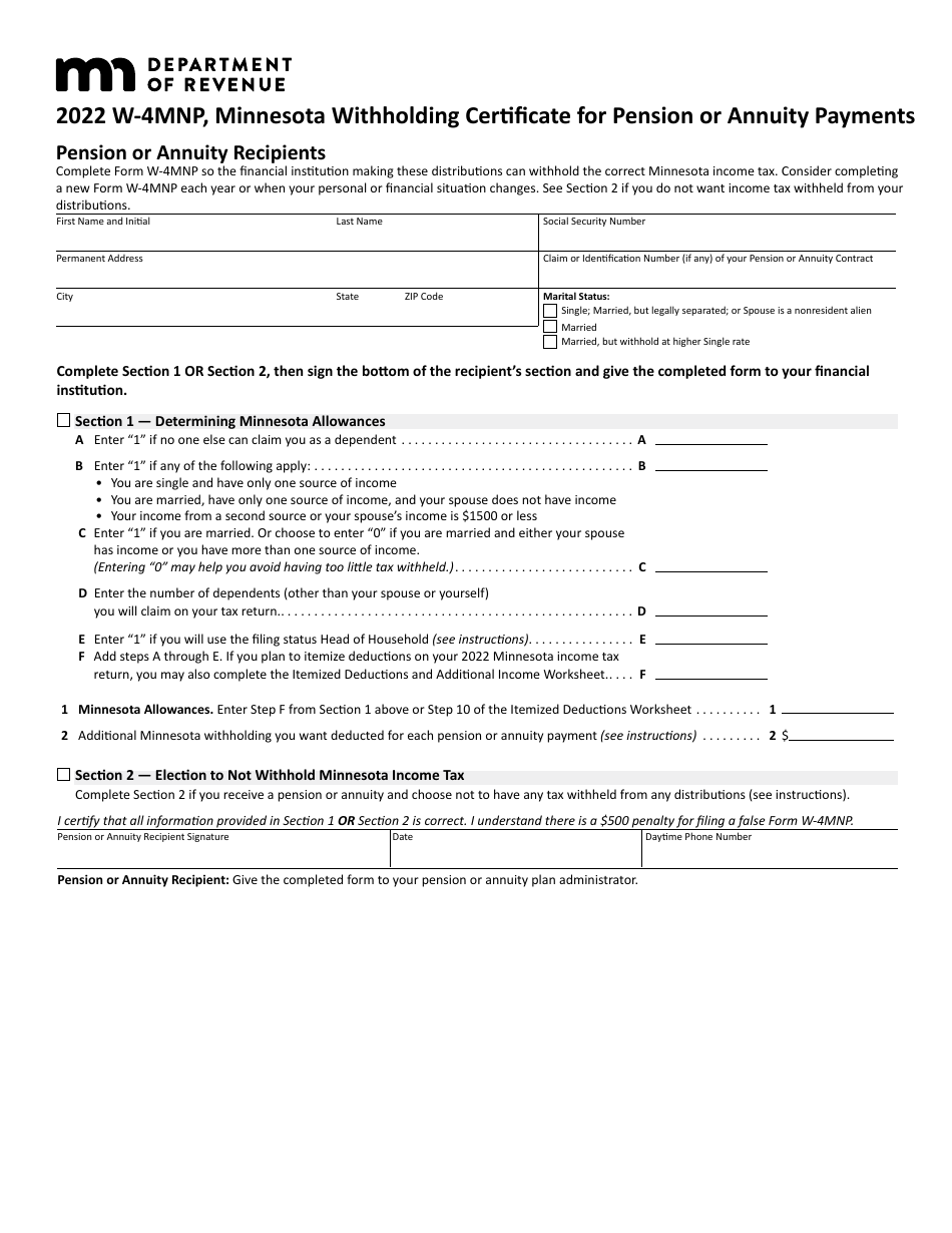 Form W-4MNP Minnesota Withholding Certificate for Pension or Annuity Payments - Pension or Annuity Recipients - Minnesota, Page 1
