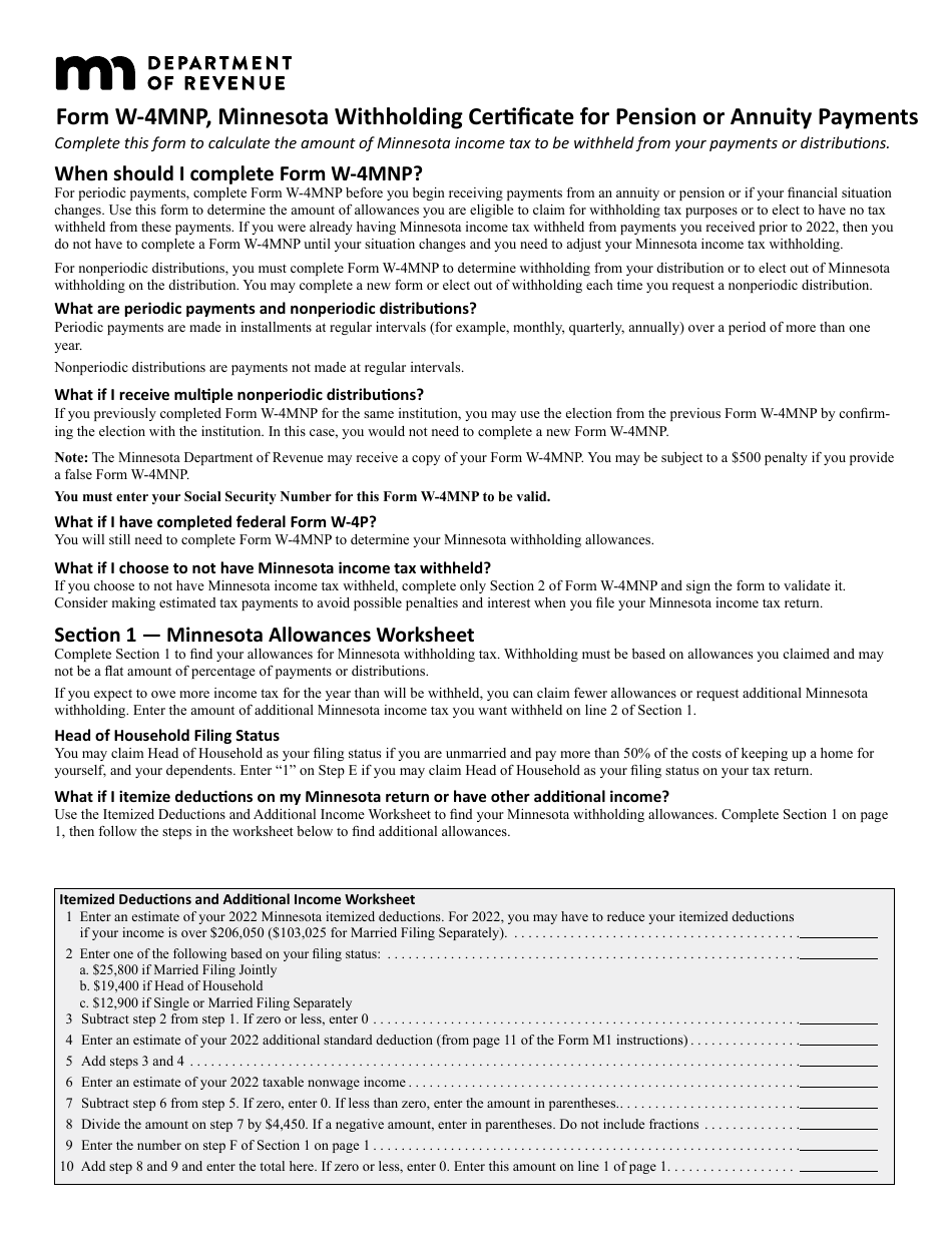 Form W-4MNP Minnesota Withholding Certificate for Pension or Annuity Payments - Pension or Annuity Recipients - Minnesota, Page 2