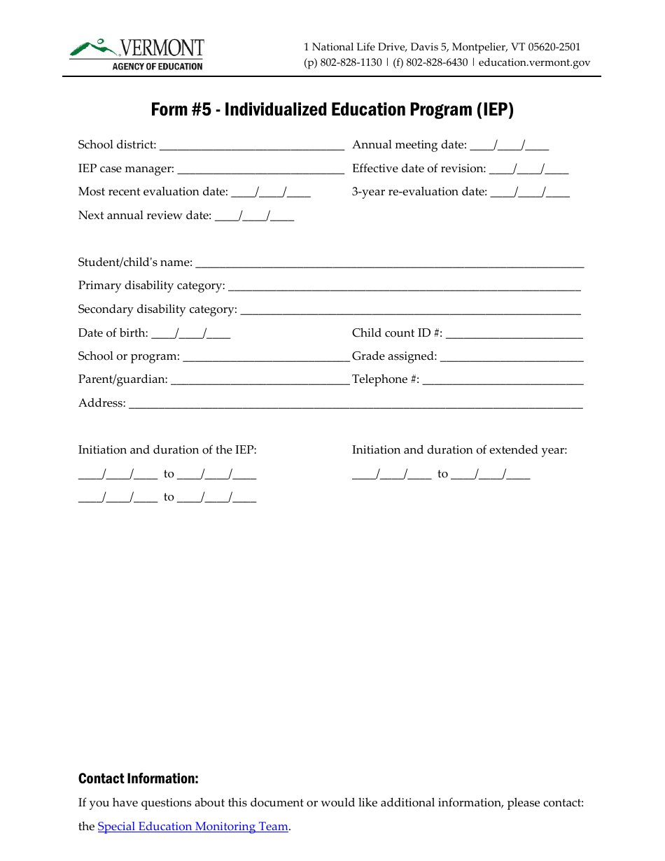 Form 5 Individualized Education Program (Iep) - Vermont, Page 1