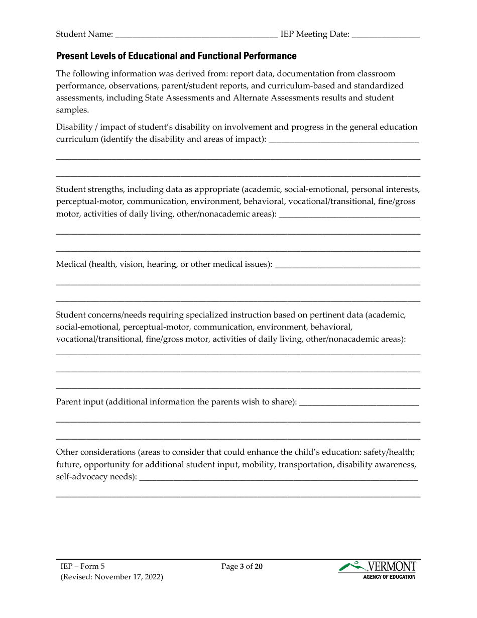 Form 5 Individualized Education Program (Iep) - Vermont, Page 3