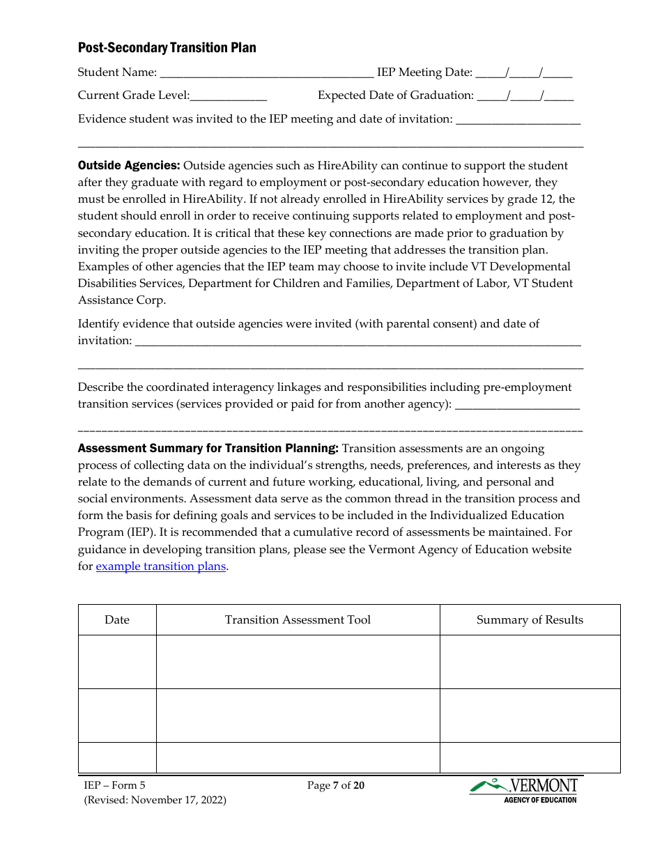 Form 5 Individualized Education Program (Iep) - Vermont, Page 7