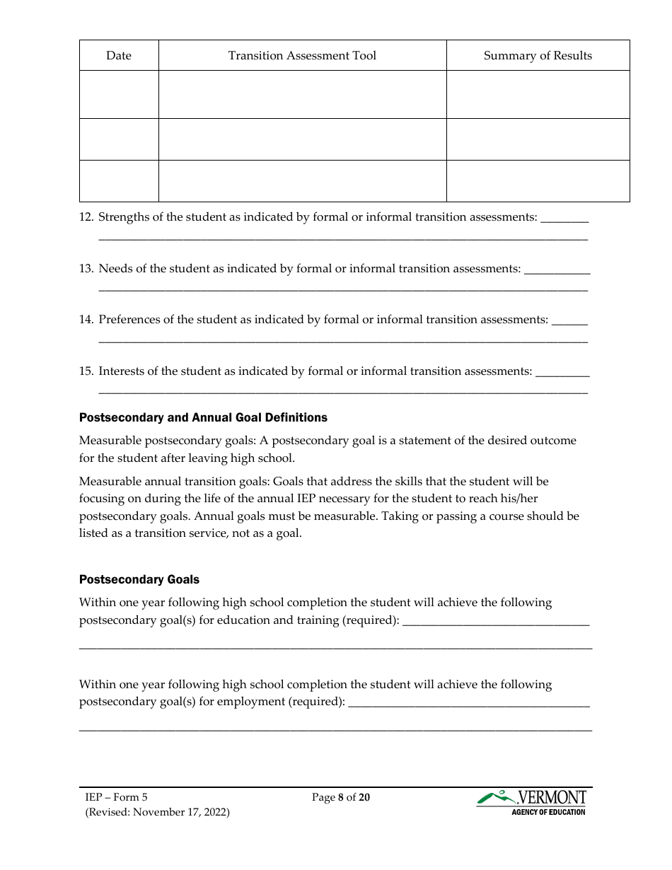 Form 5 Individualized Education Program (Iep) - Vermont, Page 8