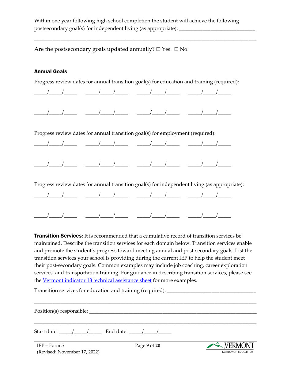 Form 5 Individualized Education Program (Iep) - Vermont, Page 9
