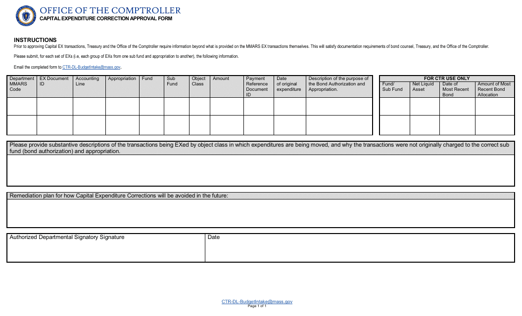 Capital Expenditure Correction Approval Form - Massachusetts Download Pdf