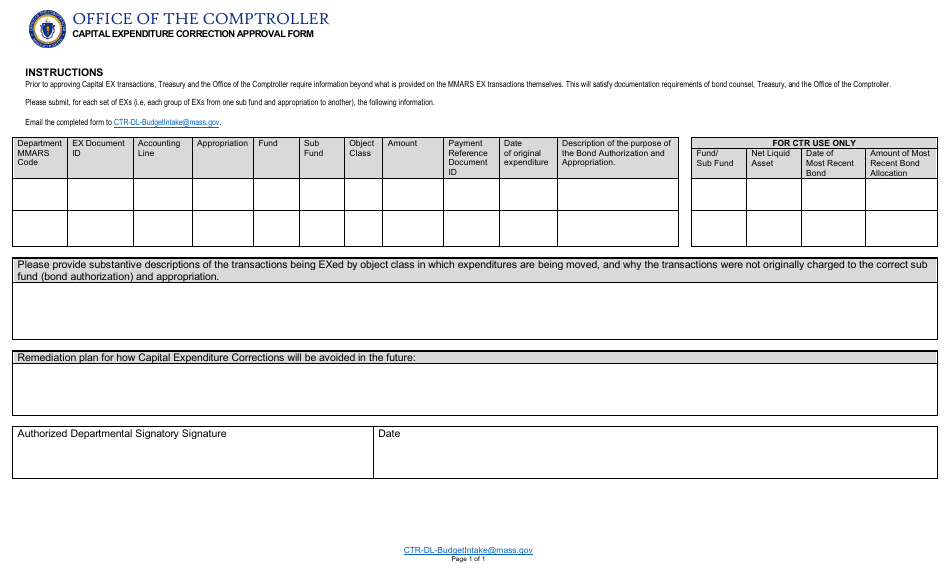 Capital Expenditure Correction Approval Form - Massachusetts, Page 1