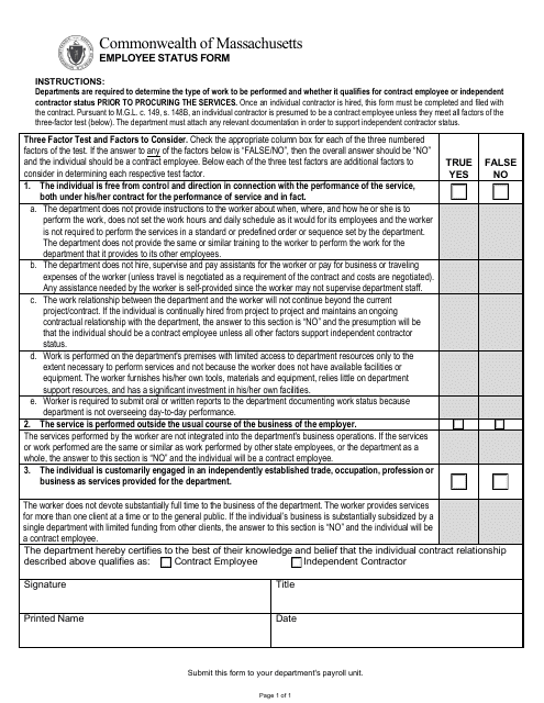 Employee Status Form - Massachusetts
