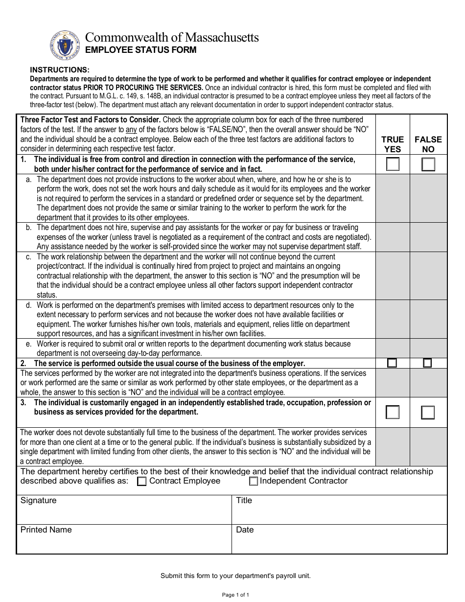 Employee Status Form - Massachusetts, Page 1