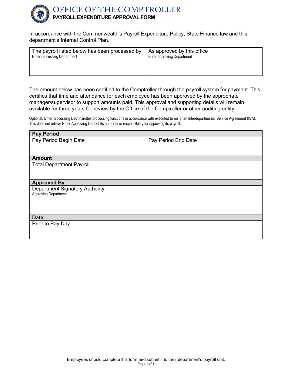 Payroll Expenditure Approval Form - Massachusetts, Page 1
