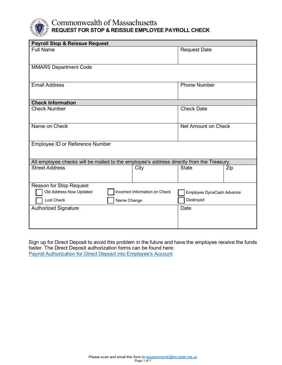 Request for Stop  Reissue Employee Payroll Check - Massachusetts, Page 1