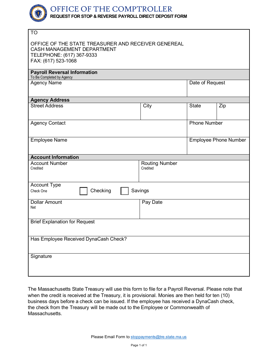 Request for Stop  Reverse Payroll Direct Deposit Form - Massachusetts, Page 1