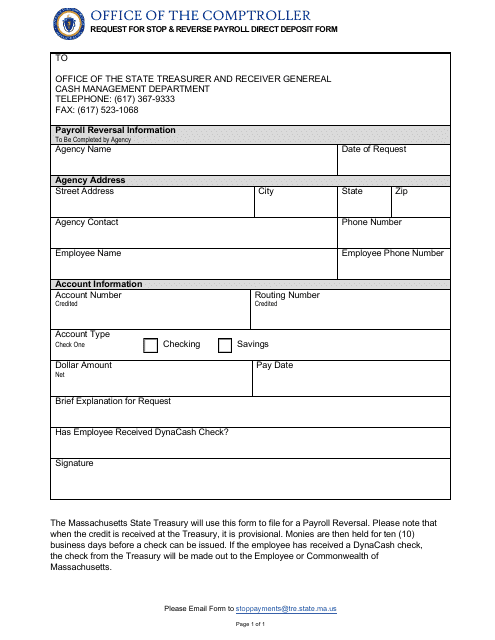 Request for Stop & Reverse Payroll Direct Deposit Form - Massachusetts Download Pdf
