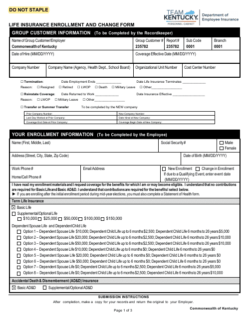 Life Insurance Enrollment and Change Form - Kentucky Download Pdf