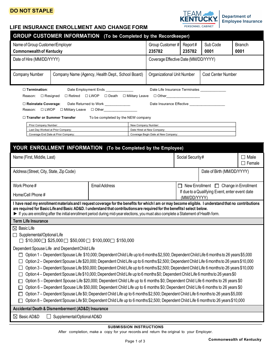 Life Insurance Enrollment and Change Form - Kentucky, Page 1