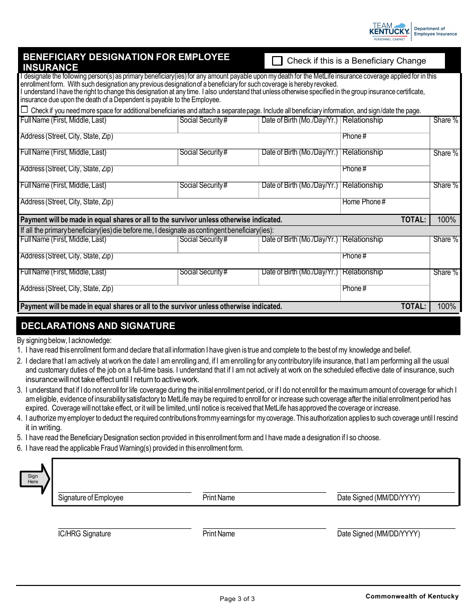 Life Insurance Enrollment and Change Form - Kentucky, Page 3
