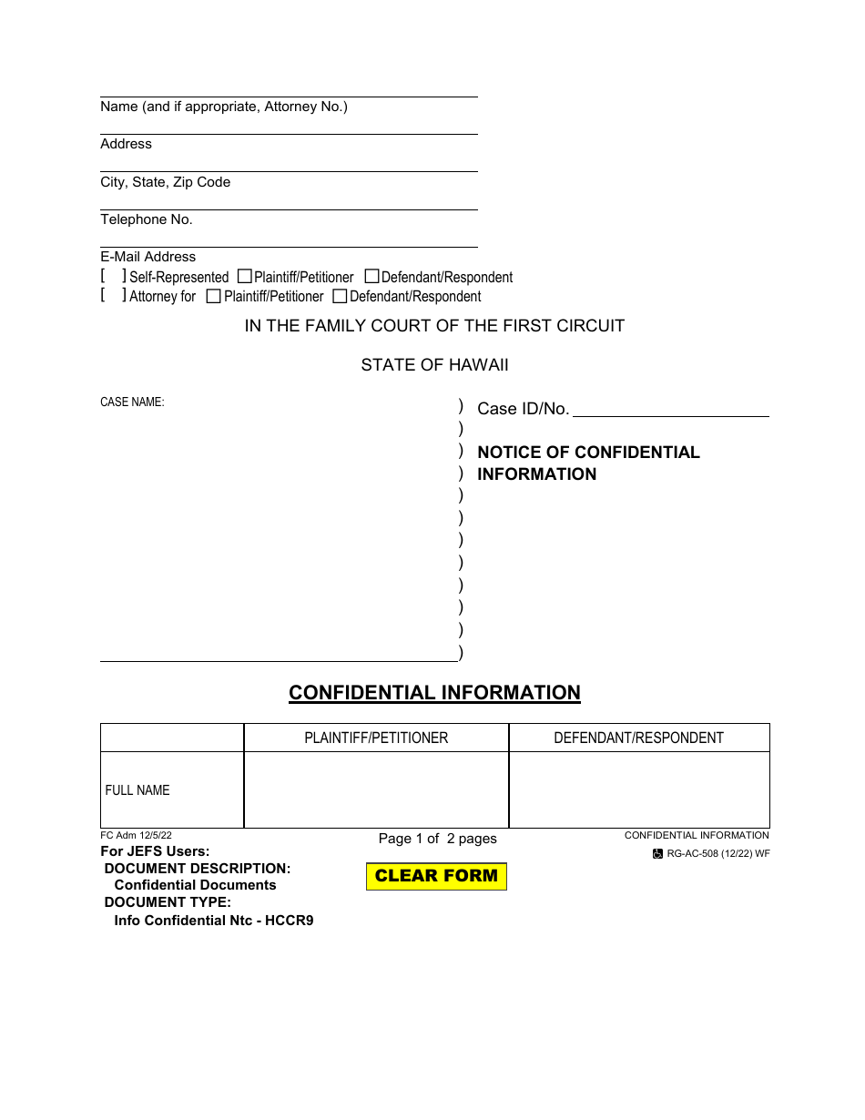 Form RG-AC-508 Notice of Confidential Information - Hawaii, Page 1