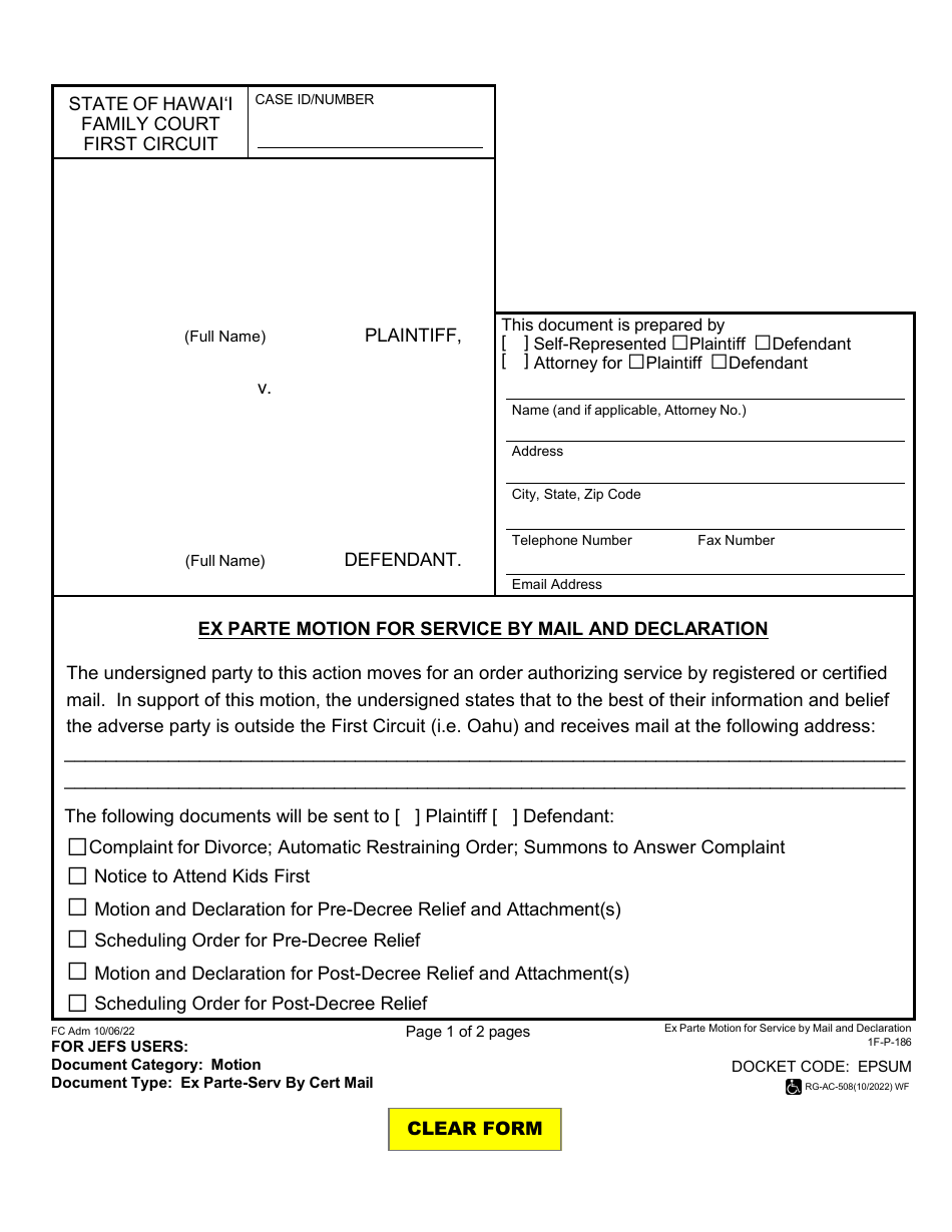 Form 1F-P-186 Ex Parte Motion for Service by Mail and Declaration - Hawaii, Page 1