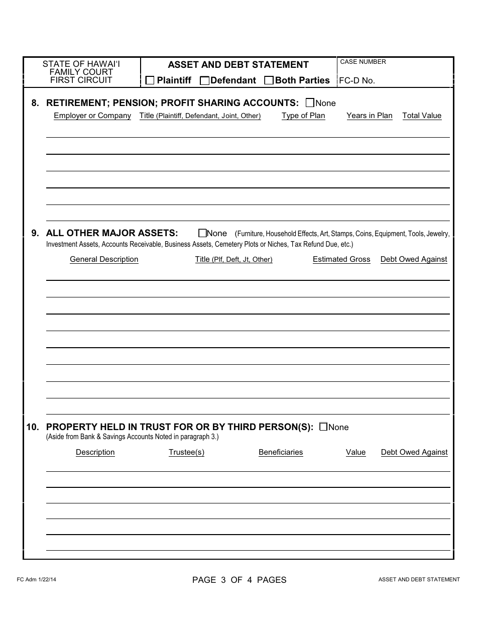 Form 1F-P-063 Asset and Debt Statement (Form Only) - Hawaii, Page 4