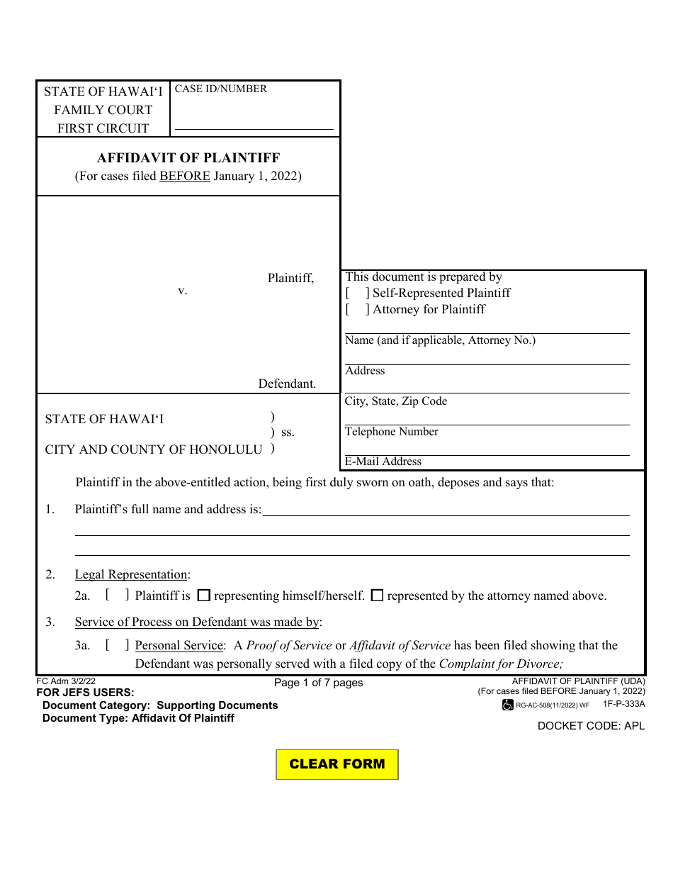 Form 1F-P-333A Affidavit of Plaintiff (For Cases Filed Before January 1, 2022) - Hawaii, Page 1