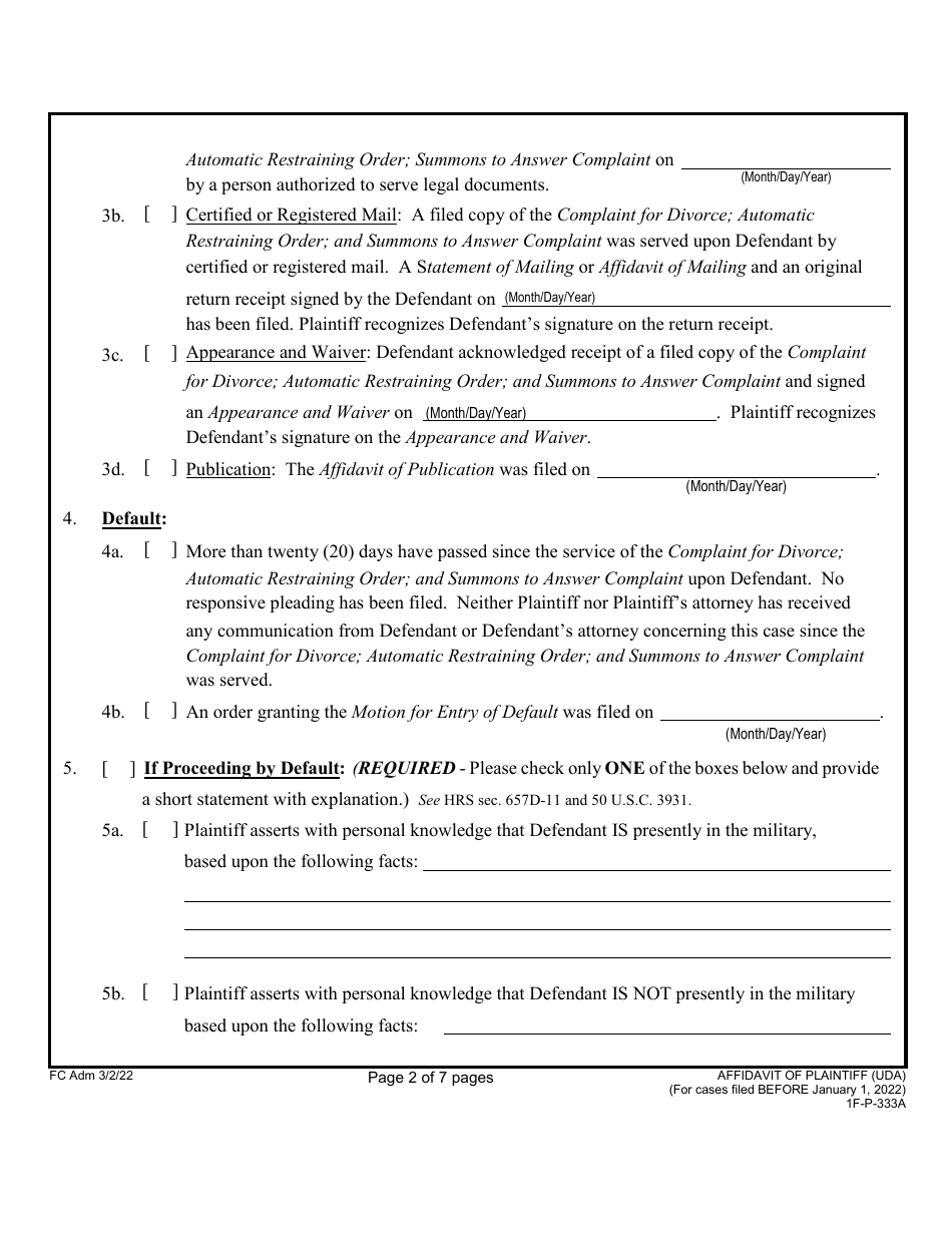 Form 1F-P-333A Affidavit of Plaintiff (For Cases Filed Before January 1, 2022) - Hawaii, Page 2
