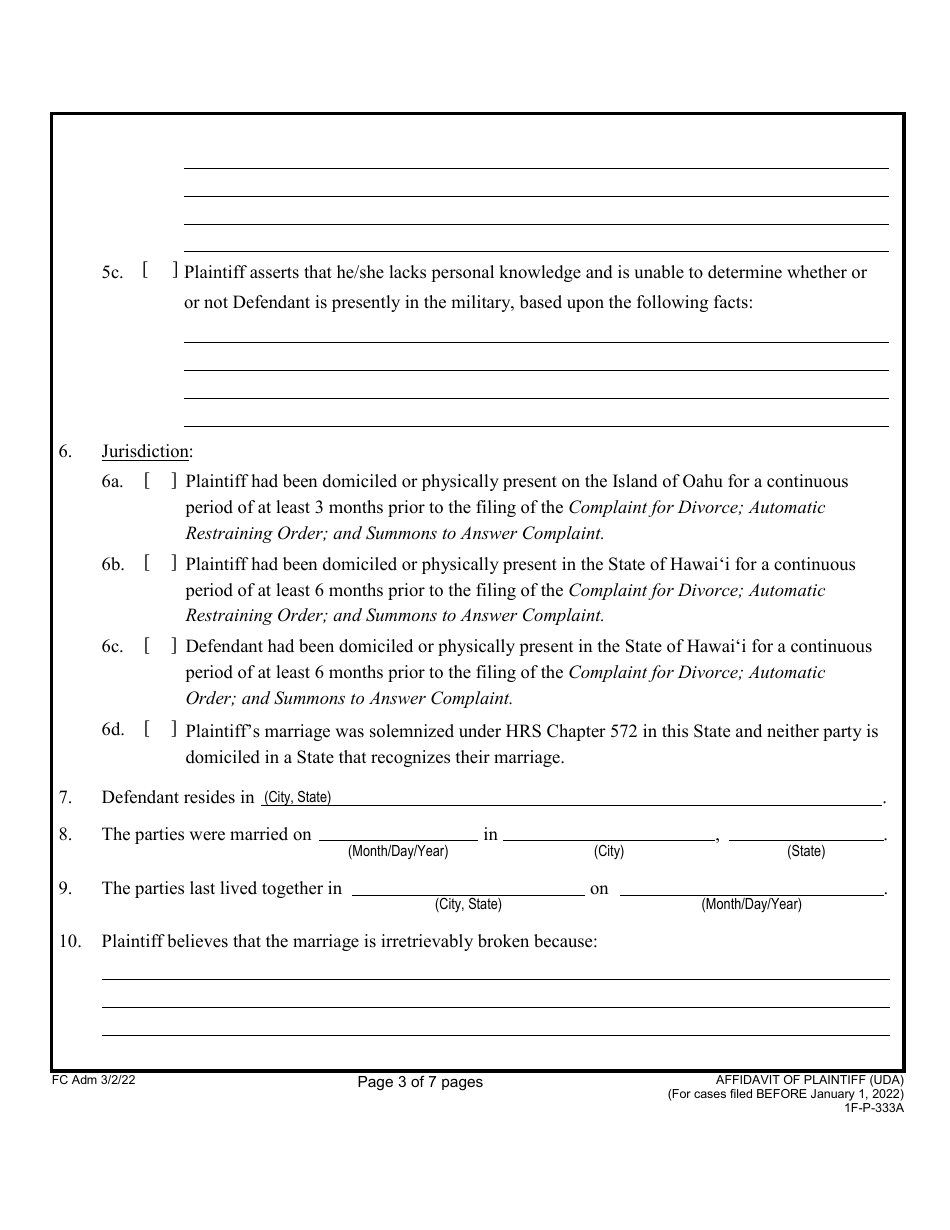 Form 1F-P-333A Affidavit of Plaintiff (For Cases Filed Before January 1, 2022) - Hawaii, Page 3