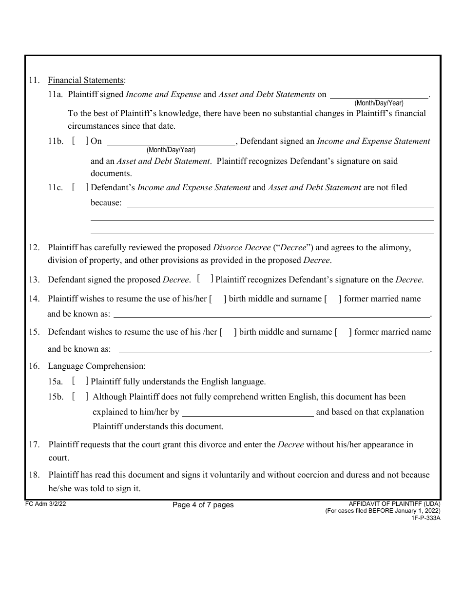 Form 1F-P-333A Affidavit of Plaintiff (For Cases Filed Before January 1, 2022) - Hawaii, Page 4