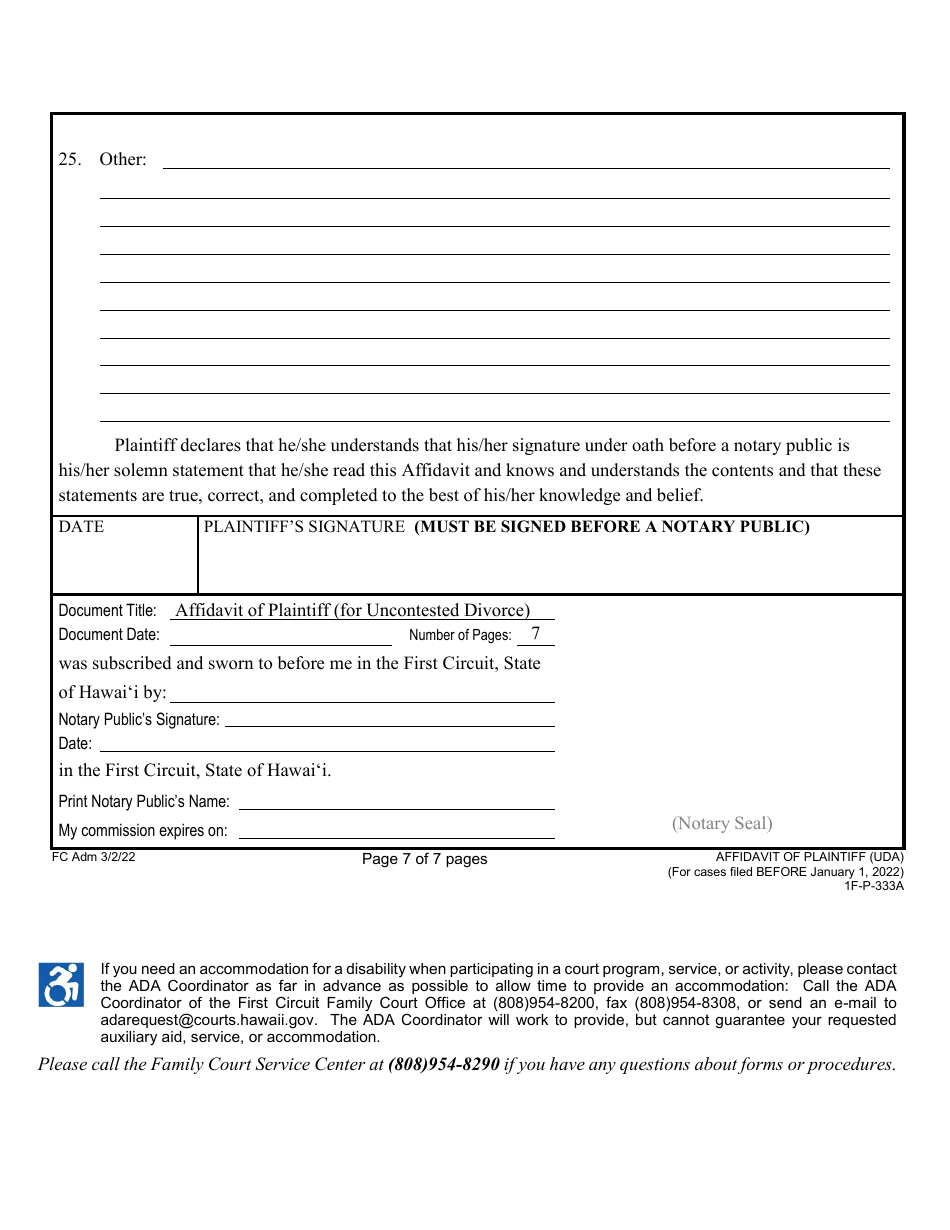 Form 1F-P-333A Affidavit of Plaintiff (For Cases Filed Before January 1, 2022) - Hawaii, Page 7