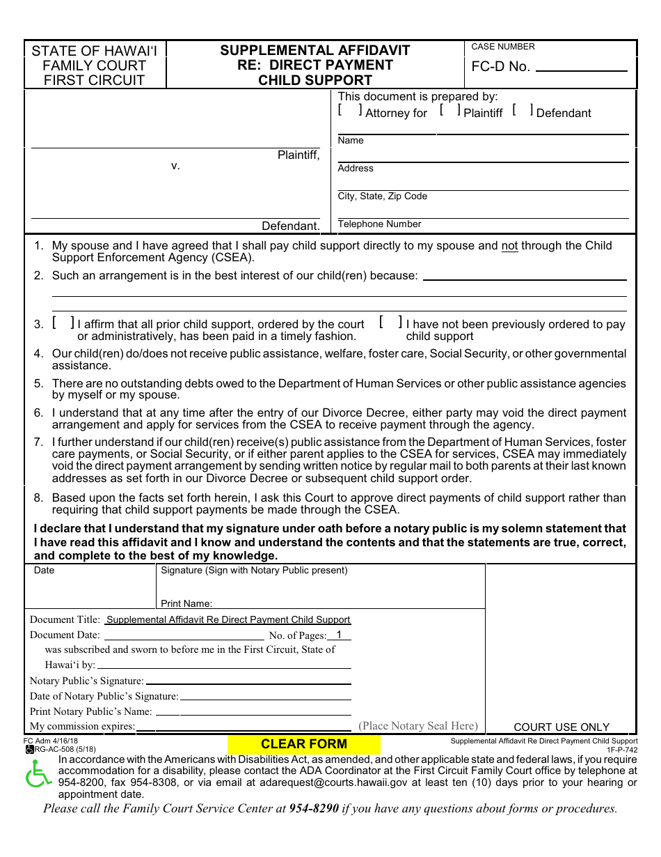 Form 1F-P-742 Supplemental Affidavit Re: Direct Payment Child Support - Hawaii, Page 2