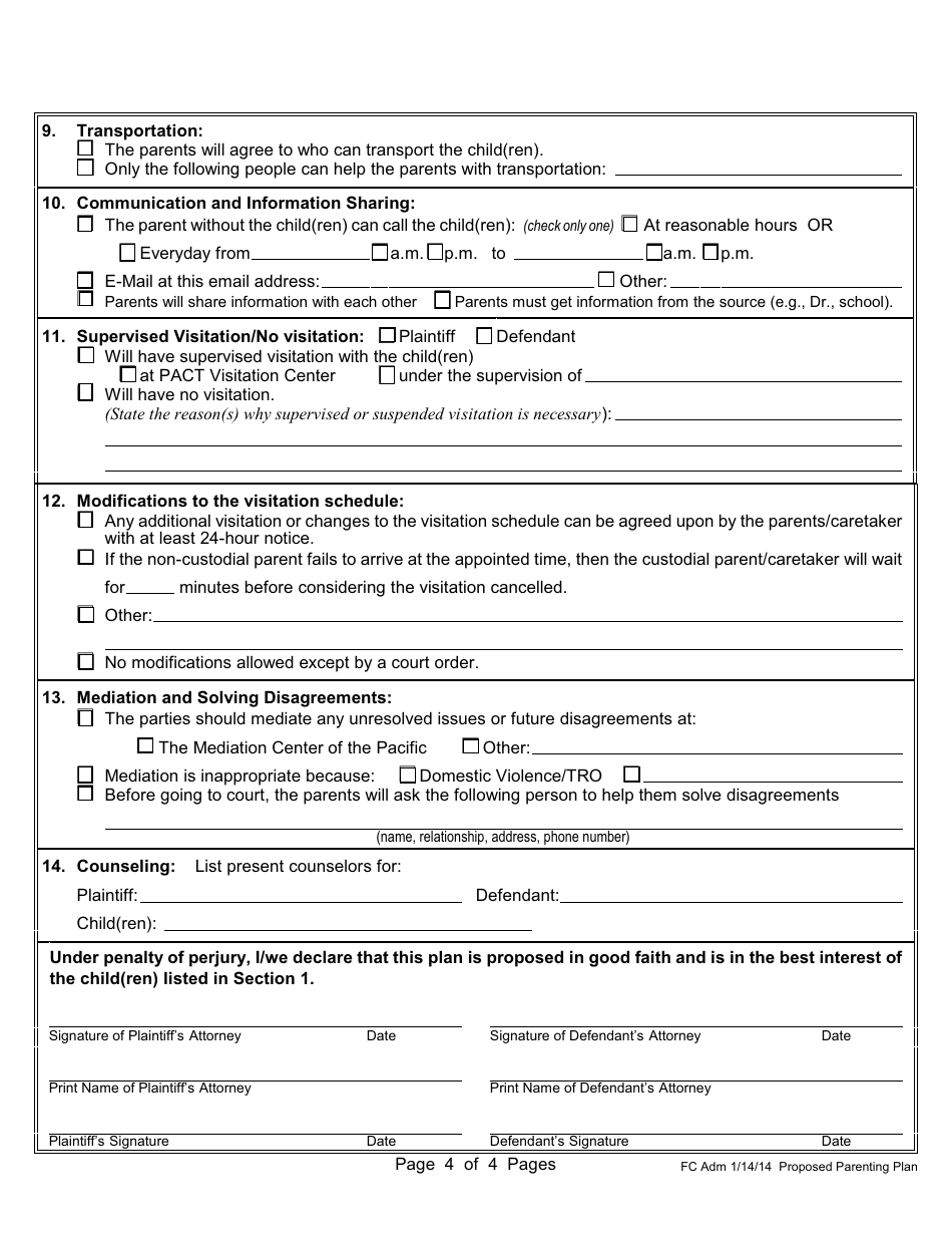 Form 1F-P-796 Proposed Parenting Plan - Hawaii, Page 5