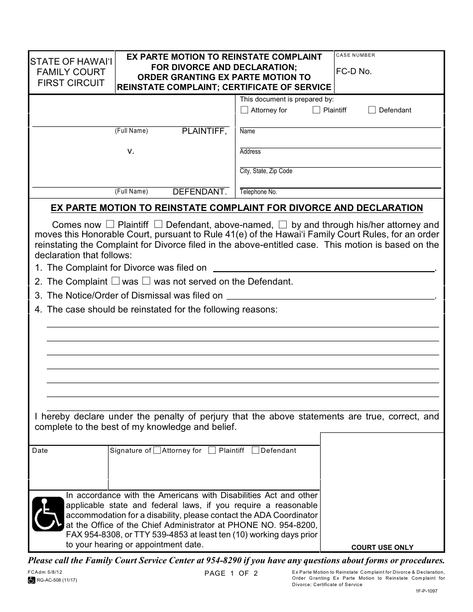 Form 1F-P-1097 Ex Parte Motion to Reinstate Complaint for Divorce and Declaration; Order Granting Ex Parte Motion to Reinstate Complaint; Certificate of Service - Hawaii, Page 2