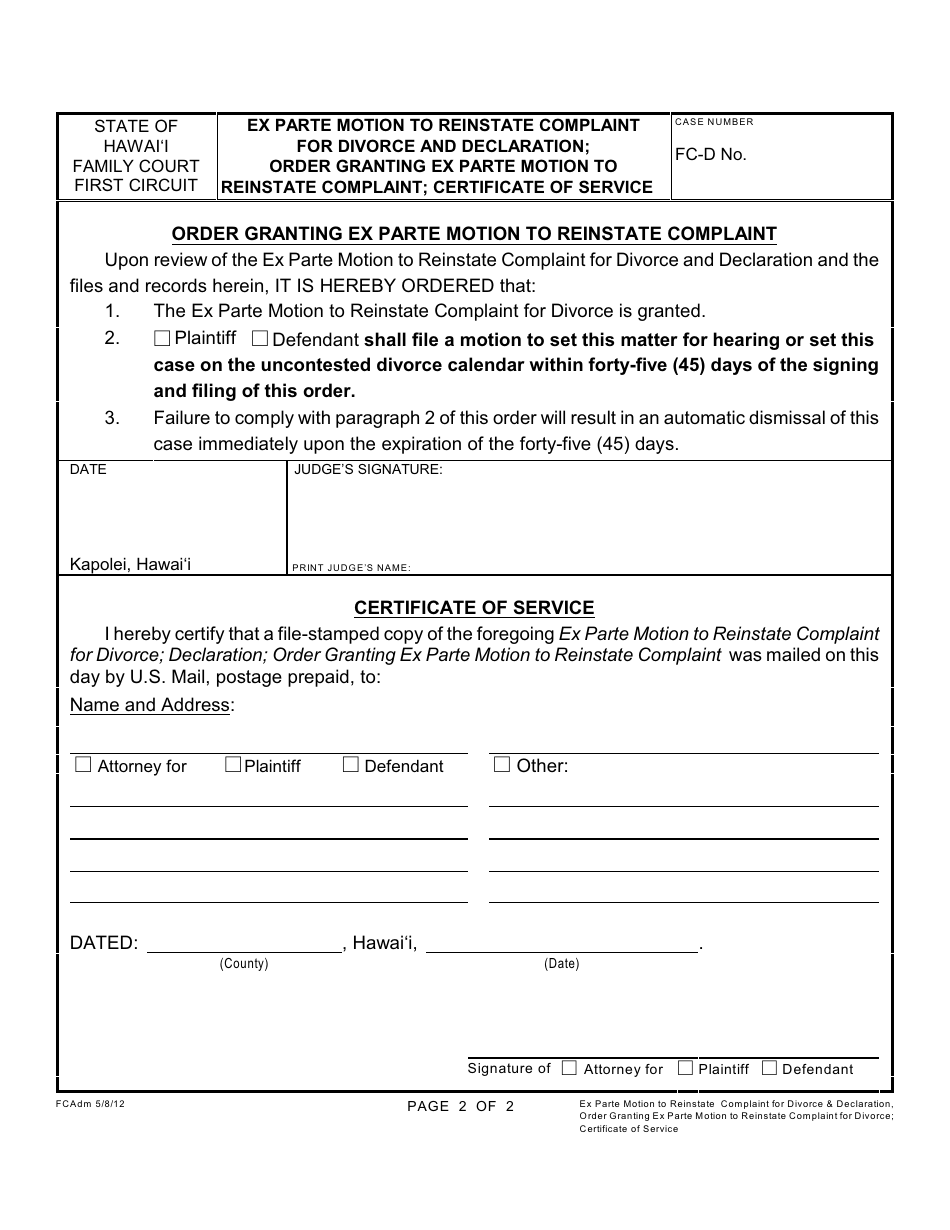 Form 1F-P-1097 Ex Parte Motion to Reinstate Complaint for Divorce and Declaration; Order Granting Ex Parte Motion to Reinstate Complaint; Certificate of Service - Hawaii, Page 3