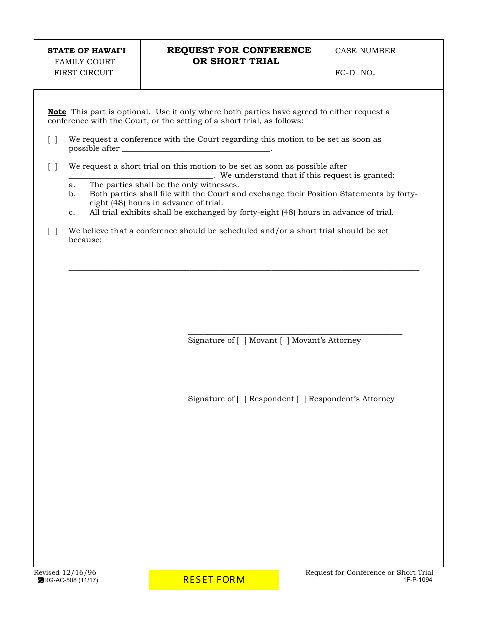Form 1F-P-1094 Request for Conference or Short Trial - Hawaii, Page 2