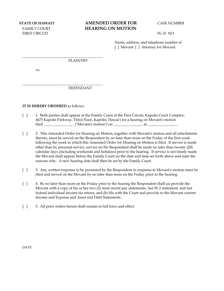 Form 1F-P-1093 Amended Order for Hearing on Motion - Hawaii, Page 2