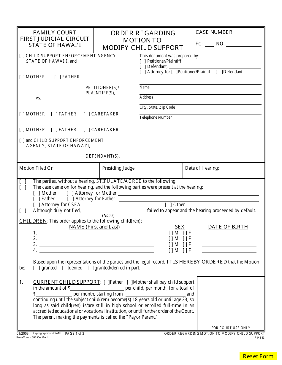 Form 1F-P-583 Order Regarding Motion to Modify Child Support - Hawaii, Page 2