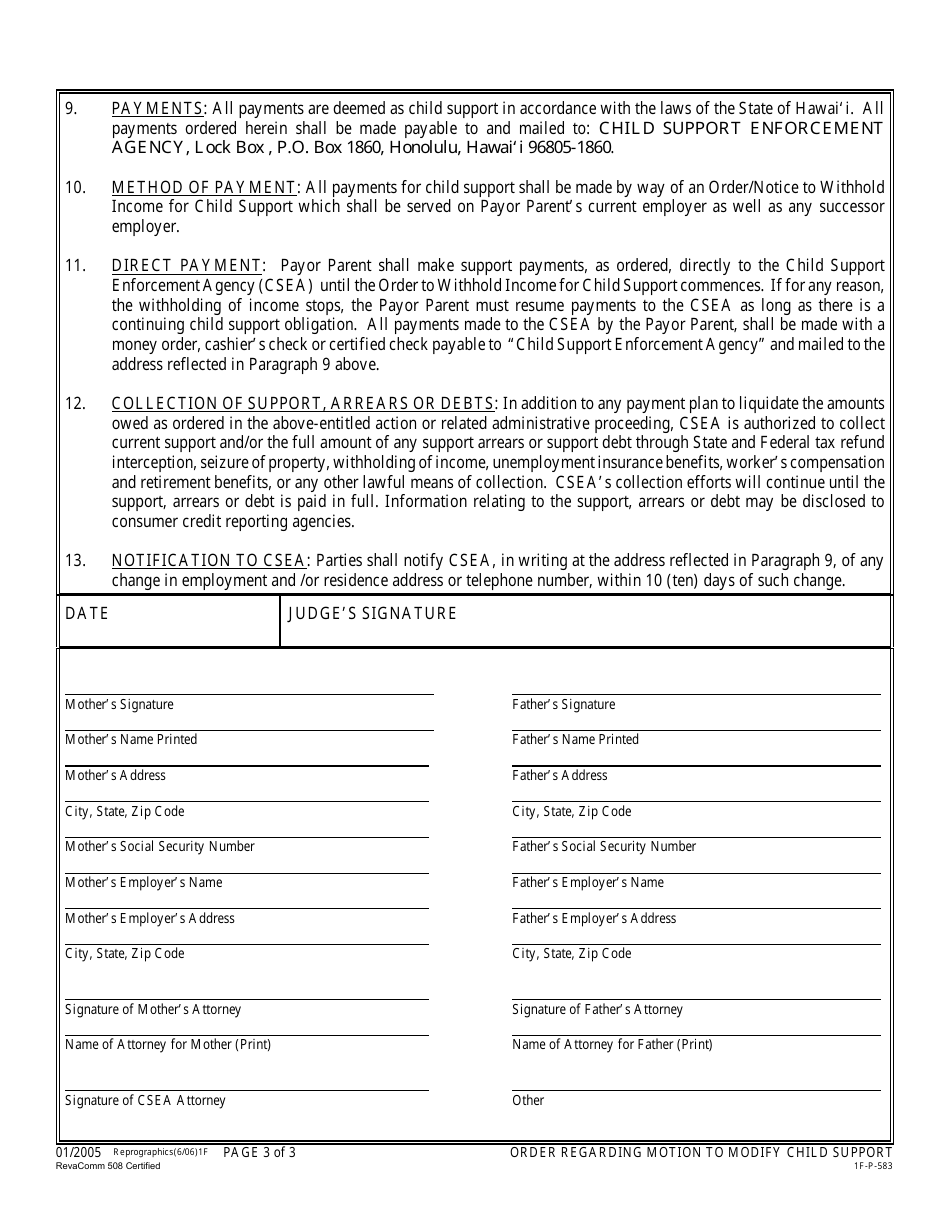 Form 1F-P-583 Order Regarding Motion to Modify Child Support - Hawaii, Page 4