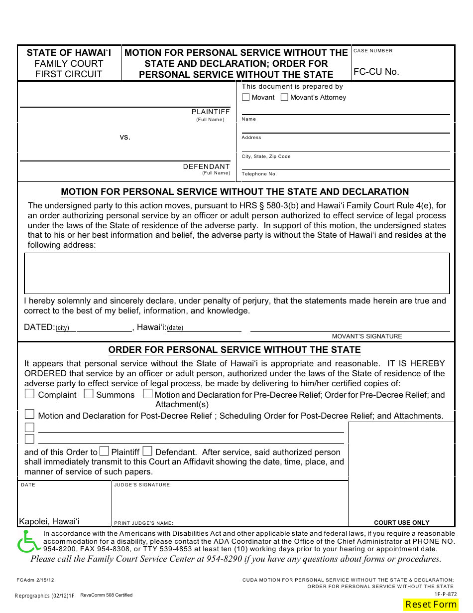 Form 1F-P-872 Motion for Personal Service Without the State and Declaration; Order for Personal Service Without the State - Hawaii, Page 2