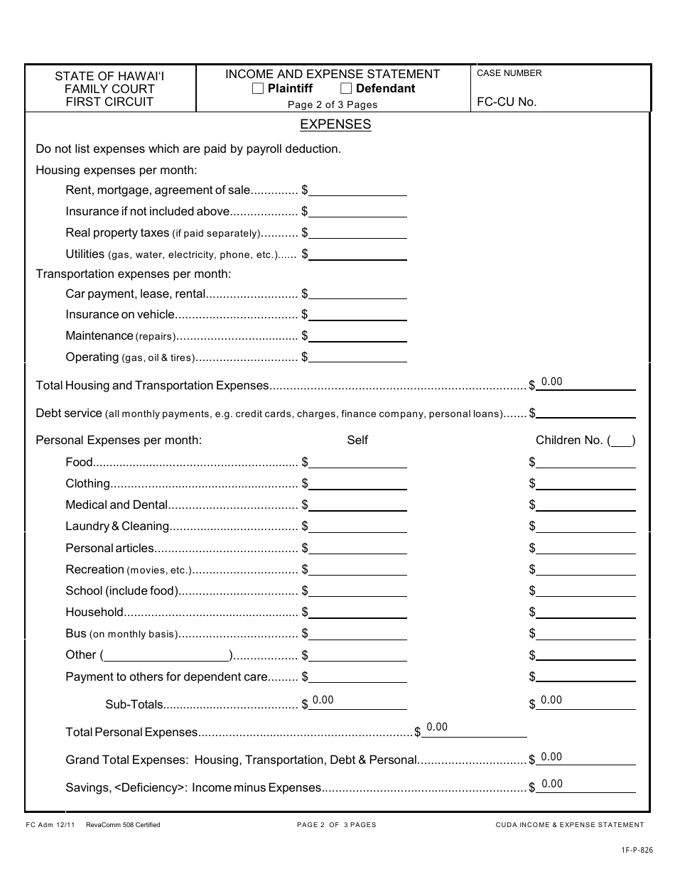 Form 1F-P-826 Income and Expense Statement - Hawaii, Page 3