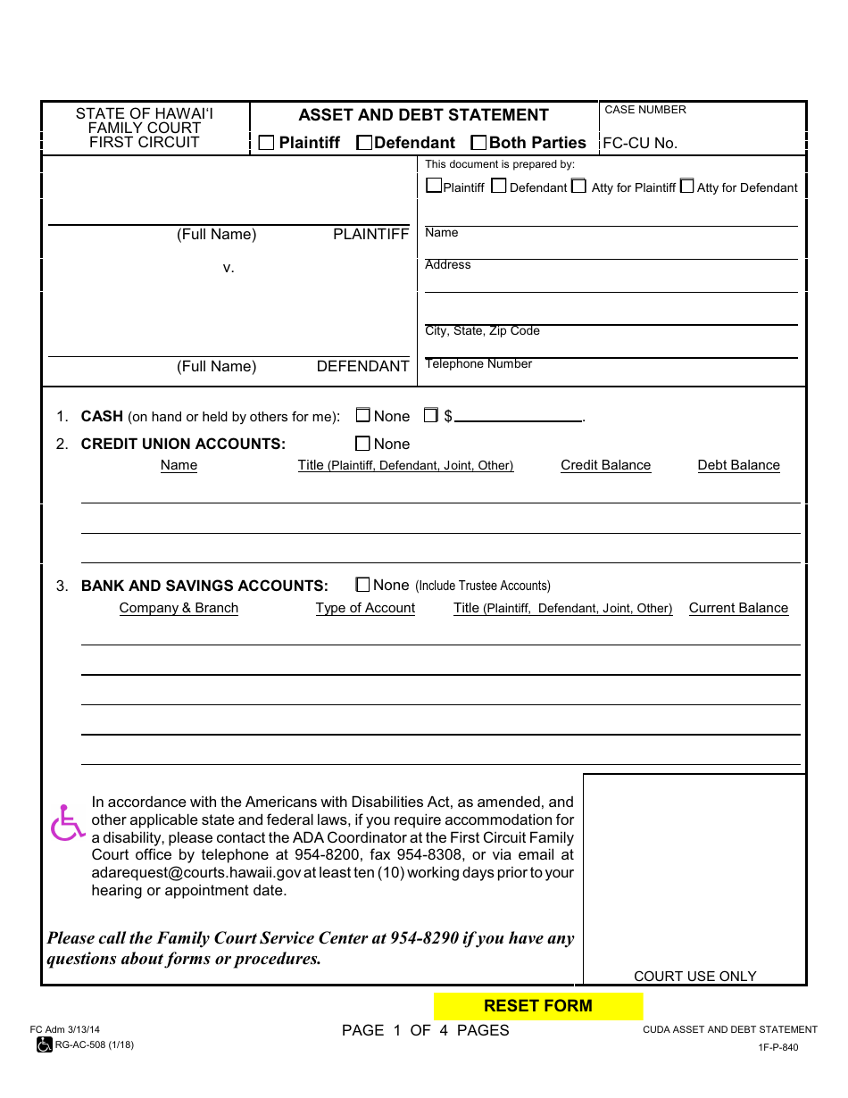 Form 1F-P-840 Asset and Debt Statement - Hawaii, Page 2