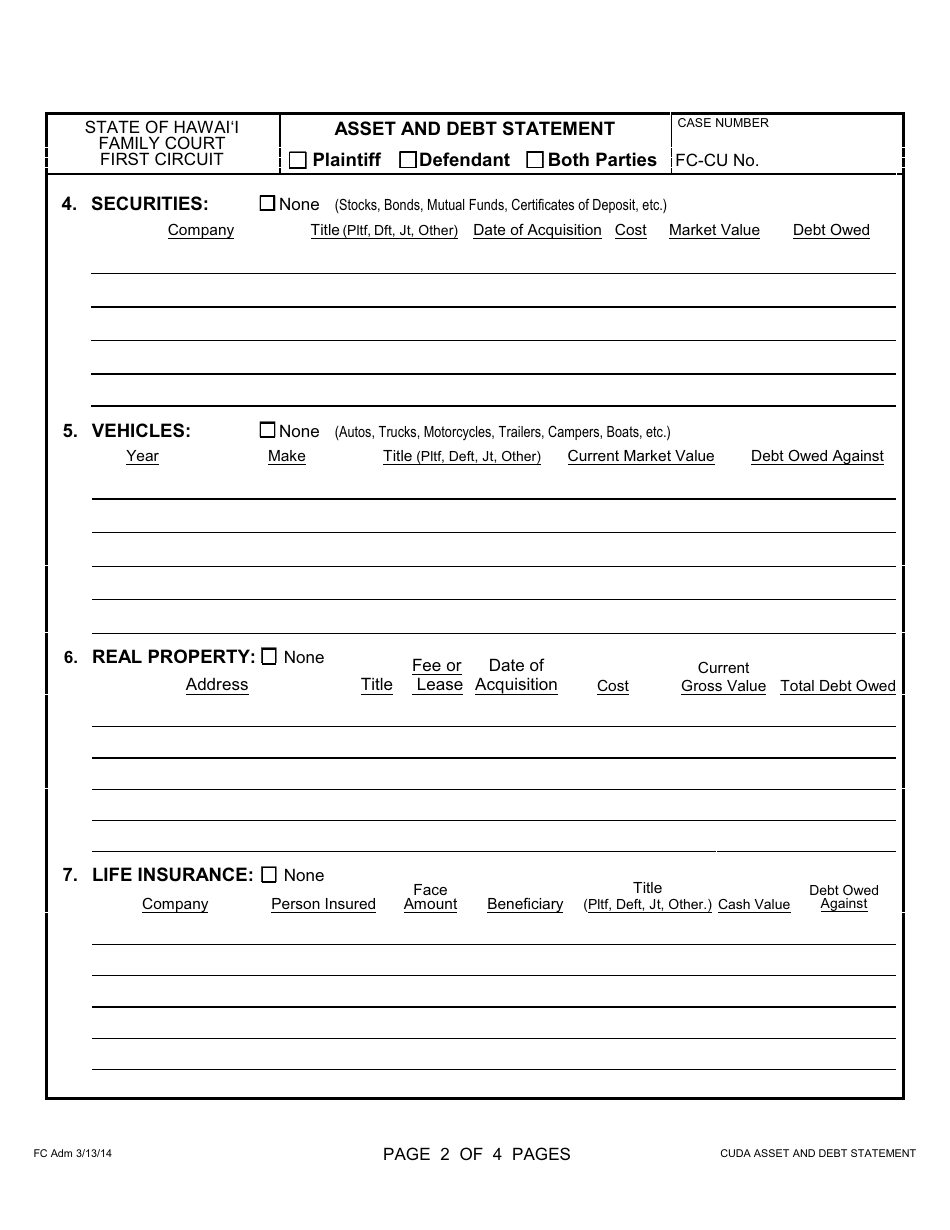 Form 1F-P-840 Asset and Debt Statement - Hawaii, Page 3