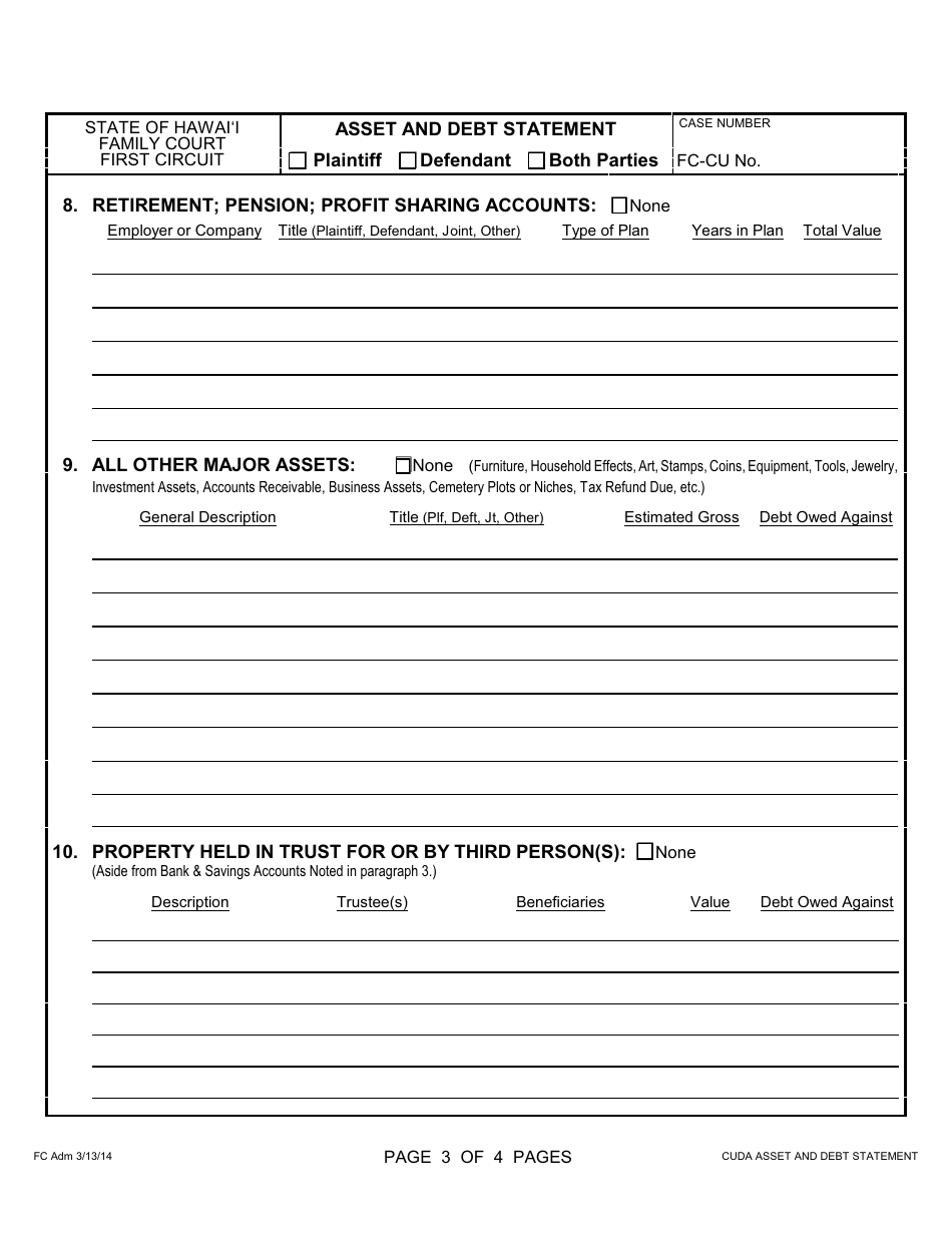 Form 1F-P-840 Asset and Debt Statement - Hawaii, Page 4