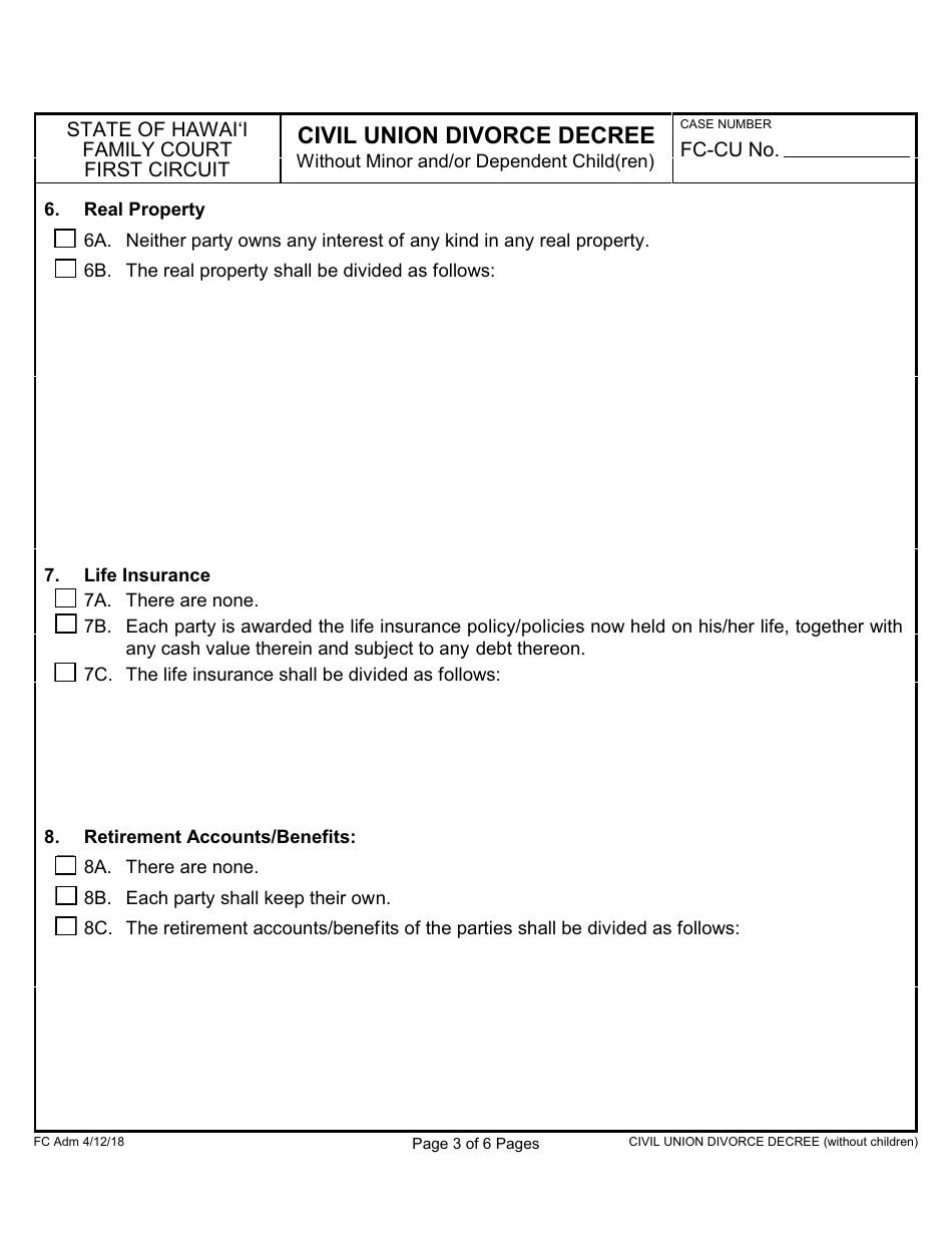 Form 1F-P-2037 Civil Union Divorce Decree Without Minor and / or Dependent Child(Ren) - Hawaii, Page 4