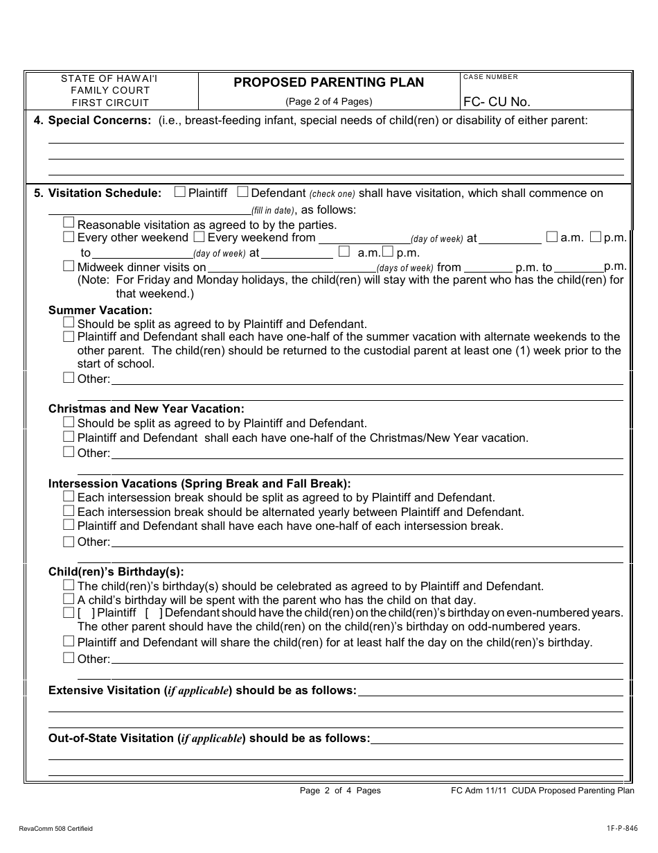 Form 1F-P-846 Proposed Parenting Plan - Hawaii, Page 3